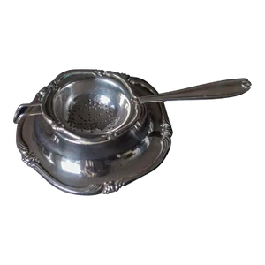 1960's Peruvian Sterling Silver Tea Strainer and Bowl Nouveau Pattern- 2 Pieces