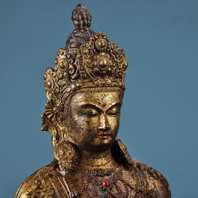 This is a magnificent vintage Chinese gilt bronze statue of Maitreya (The Future Buddha). The figure is seated in the full...