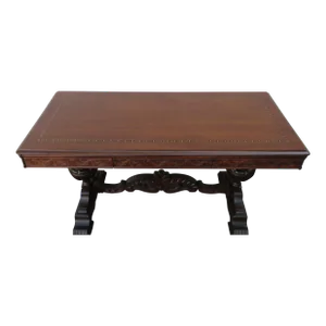 Early 1900s Carved Inlay Long Console Library Dining Extension Table