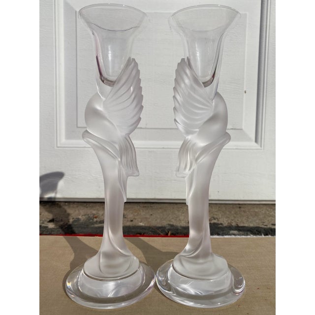 This is an exquisite set of 2 luxury crystal “kissing dove” or "snow dove" taper candle holders designed by Igor Carl...