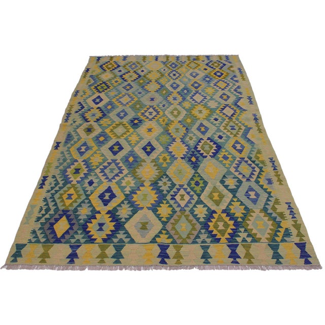 Tribal Navaho Kilim Green Blue Wool Rug - 6'6" X 9'9" For Sale - Image 3 of 7