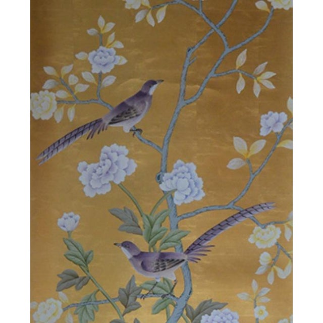Chinoiserie Gold Leaf Chinoiserie Hand-Painted Lavender Peony & Bird Wall Panels (Set of 2) For Sale - Image 3 of 4