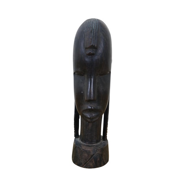 Folk Art Vintage African Folk Art Carved Blackwood Tribal Warrior Bust Head Figurine 9" For Sale - Image 3 of 11