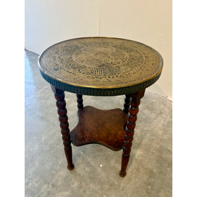 Vintage French Oak Bobbin Leg Table W/Moroccan Brass Top For Sale - Image 12 of 12