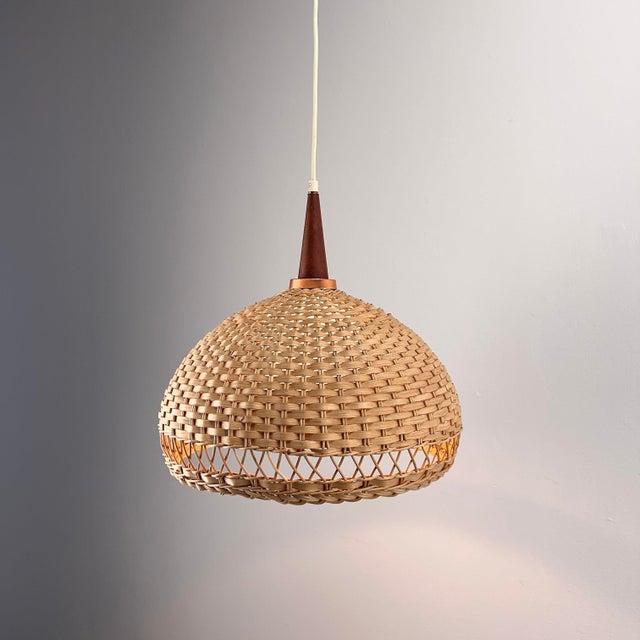 Mid-Century Modern Vintage Pendant Lamp with Rattan Shade and Teak Applications, 1960s For Sale - Image 3 of 9