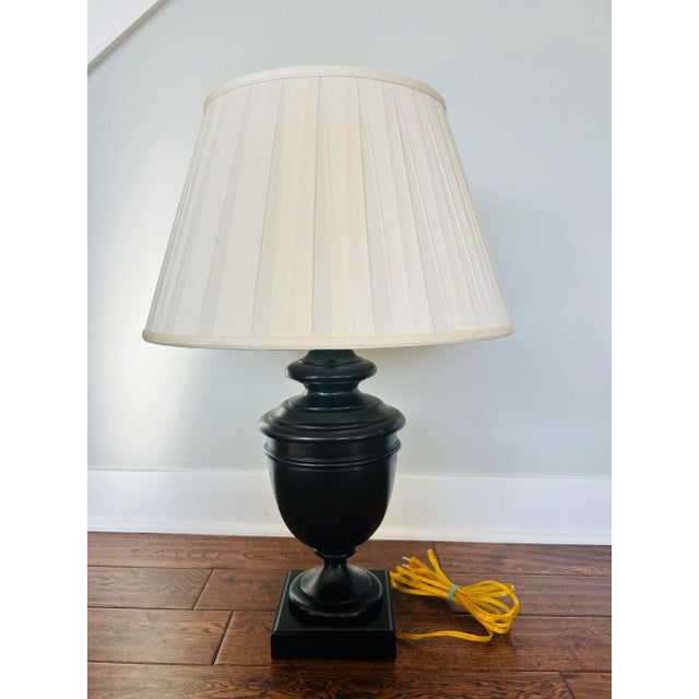 Late 20th Century Late 20th Century Sculptural Solid Wood Pedestal Table Lamp With Pleated Silk Shade For Sale - Image 5 of 12