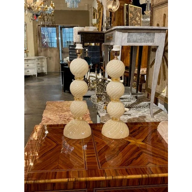 Pair of gorgeous modern ivory and gold Murano glass lamps. Creates an upscale look! So pretty!