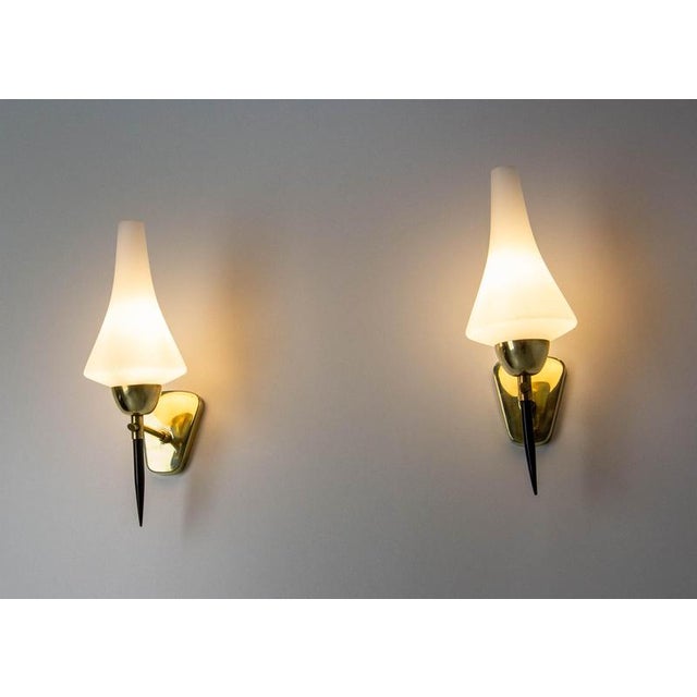 White Glass and Black & Golden Chrome Sconces in the style of Arlus, France, 1950s, Set of 2 For Sale - Image 4 of 12