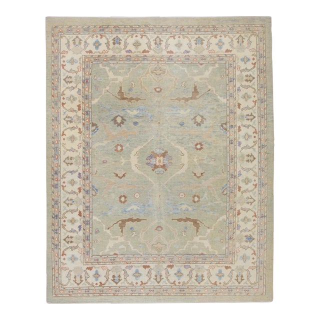 Green Multicolor Handwoven Turkish Oushak Rug 8'3" X 10'7" For Sale