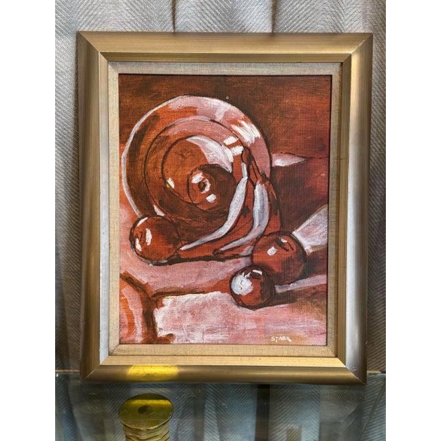 Abstract Midcentury antiqued gilt wood framed, still life composition of fruits, in maroon, red palette acrylic painting....