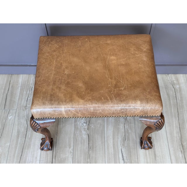 Brown Mid 19th Century Chippendale Style Mahogany and Leather Upholstered Stool For Sale - Image 8 of 11