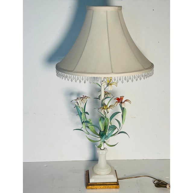 1940s Vintage Tole Flower Alabaster Table Lamp For Sale - Image 5 of 6