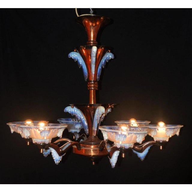 French Art Deco Ezan Six-Light Opalescent Glass Stalactite Chandelier, 1930 For Sale - Image 3 of 18