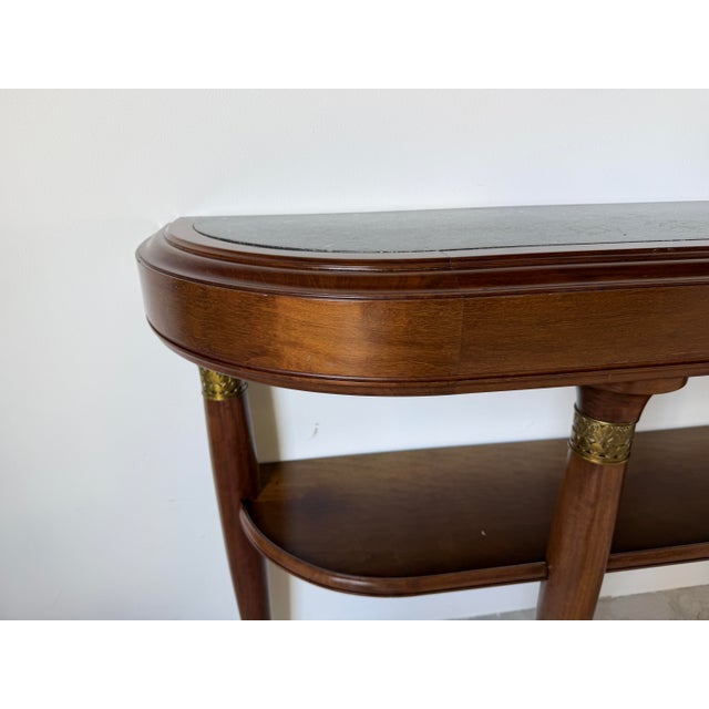 1940s Large- French Art Deco Empire Style Mahogany & Green Marble Top Two-Tier Demilune Console Table For Sale - Image 5 of 17