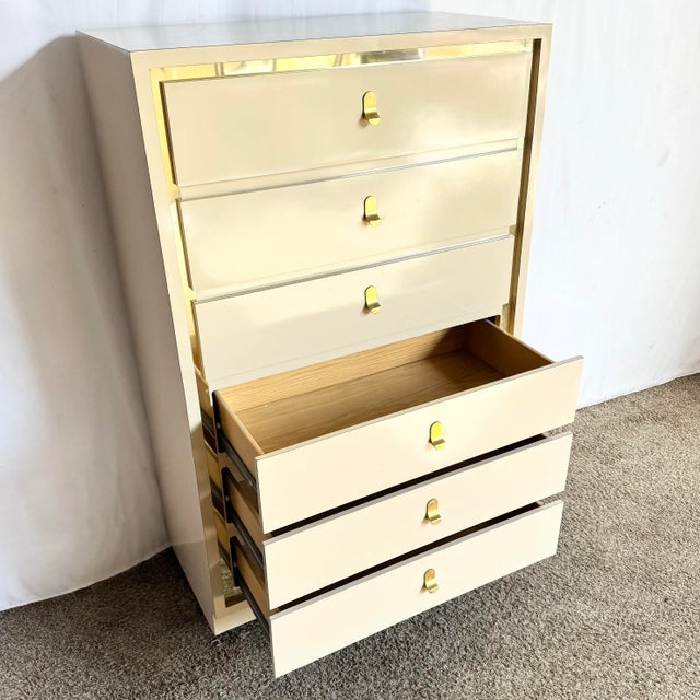 Postmodern Cream Laminate Highboy Dresser With Gold Accents For Sale - Image 4 of 10