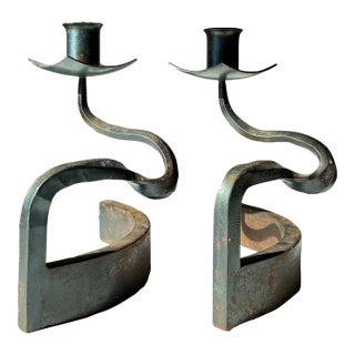 Vintage Twisted Curvy Serpentine Forged Iron Candlestick Holders- a Pair For Sale