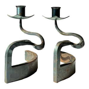 Vintage Twisted Curvy Serpentine Forged Iron Candlestick Holders- a Pair