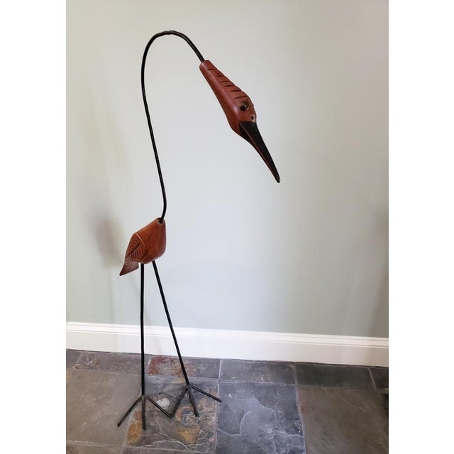 Metal Tall Hand-Carved Wood & Iron Crane Sculpture, Modern Folk Art For Sale - Image 7 of 7