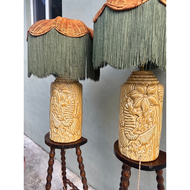 Wood Vintage Mid-Century Ceramic Seahorse Relief Table Lamps, a Pair — Coastal Hollywood Regency, Rewired For Sale - Image 7 of 15
