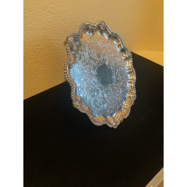 Vintage Silver Plated Engraved Footed Tray With Scalloped Edge For Sale - Image 10 of 14