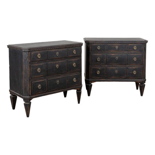 ​​​​​​​Pair, 19th Century Swedish Gustavian Black Painted Chests of Three Drawers For Sale