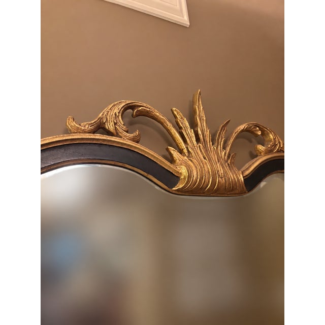 1970s Ornate Gold and Black Beveled Wall Mirror With Botanical Crest For Sale - Image 5 of 6