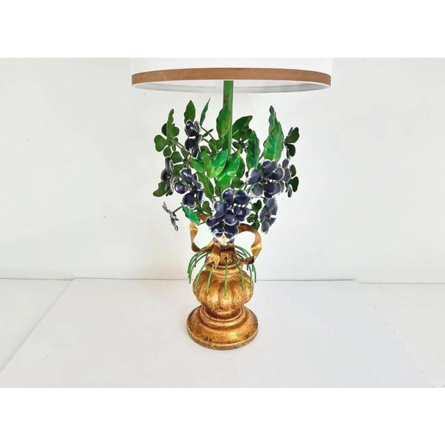 Stunning large mid century Italian tole topiary lamp with a lovely bouquet of violets with tipped edges, gold centers, and...