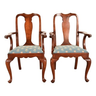 Henkel Harris Queen Anne Solid Cherry Wood Armchairs, Pair For Sale