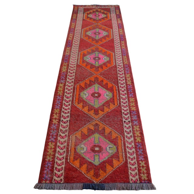 1960s Turkish Runner Rug. Hand-Knotted Tribal Red, Pink Color Hallway Rug, Kitchen Decor - 2′10" × 12′1" For Sale - Image 6 of 16
