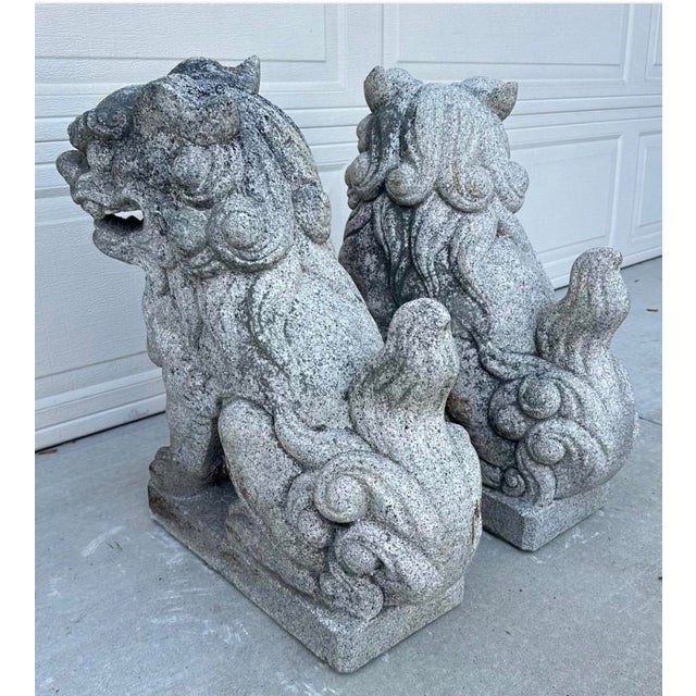 Rare Late 19th Century Meiji Era Japanese Granite Komainu Guardian Lions Hand Carved Stone Foo Dogs / Shishi Pair (C. 1890) For Sale - Image 13 of 18