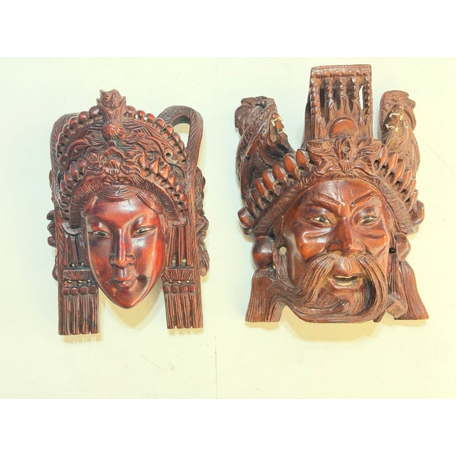 Pair of Vintage Balinese Rama & Sita Hand-Carved Wood Theatrical Wall Masks For Sale - Image 11 of 15