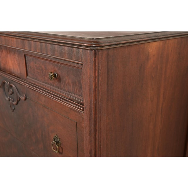 Berkey & Gay Style French Regency Louis XVI Carved Burled Walnut Highboy Dresser, Circa 1920s For Sale - Image 11 of 16
