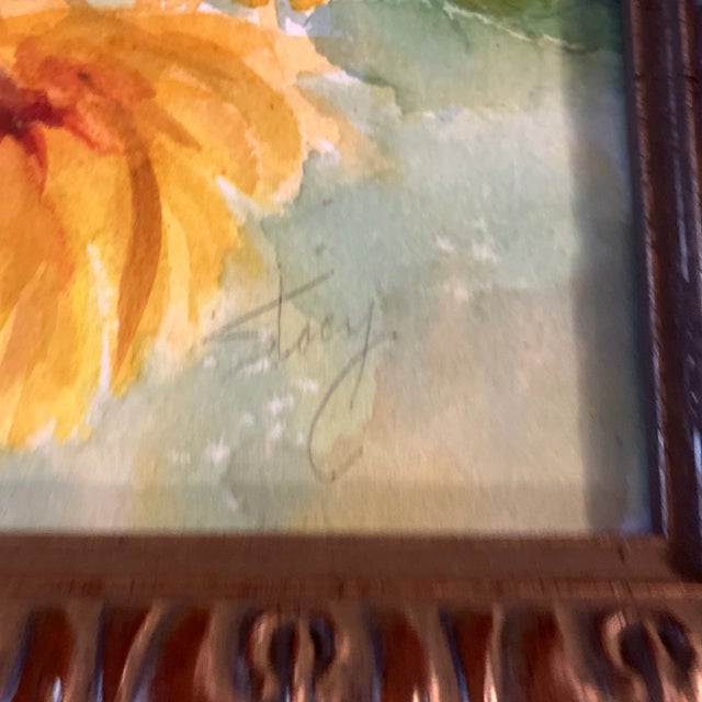 Abstract 1980’s Original Abstract Impressionist Sunflower Watercolor Painting Ornate Frame For Sale - Image 3 of 5