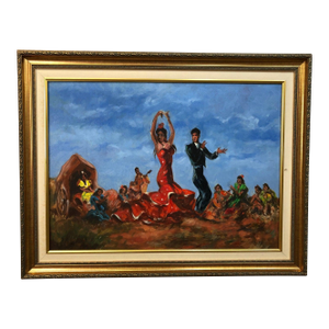 Mid 20th Century Spanish Dancing Oil on Canvas Signed at the Bottom, Framed