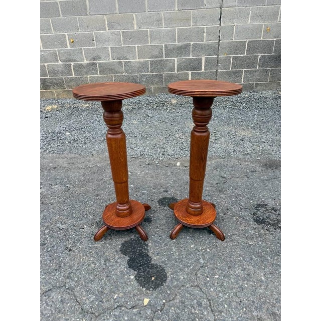 Pair of Antique Quarter-Sawn Pedestal / Plant Stands Antique farmhouse rustic style carved wooden pedestal plant stands it...