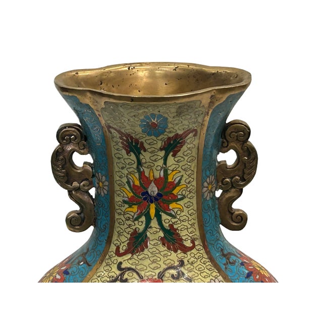 Vintage Cloisonné Vase Dragon Handles and Chinese Floral Motifs For Sale - Image 9 of 13