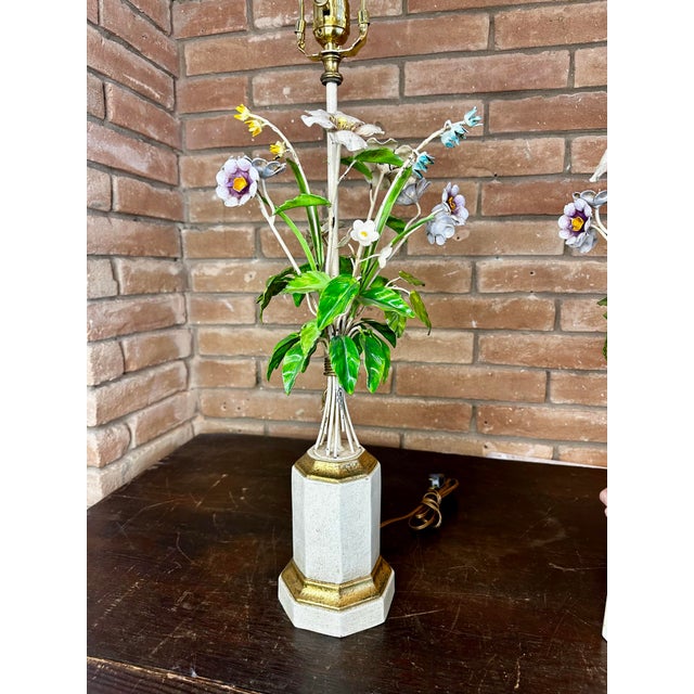 Pair of 1960s Italian Tole Floral Boutique Lamps For Sale - Image 9 of 12
