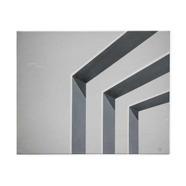 Scott Woodard "Silent but Deadly" Gray Toned Abstract Surrealist Architectural Painting, 2018 For Sale - Image 4 of 11