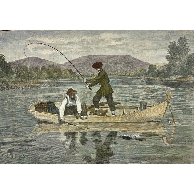 Original hand colored wood engraving of Black Bass Fishing, created by American artist A. B. Frost and published in...