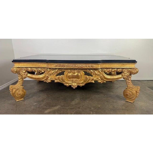 Baroque-Style 22k Gold Leaf Carved Coffee Table With Black Stone Top For Sale In Los Angeles - Image 6 of 13