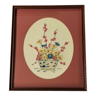 1950s Chinoiserie-Inspired Framed Petit Point Needlepoint Artwork – Still Life of Cherry Blossoms and Flowers in a Blue-And-White Planter For Sale