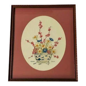 1950s Chinoiserie-Inspired Framed Petit Point Needlepoint Artwork – Still Life of Cherry Blossoms and Flowers in a Blue-And-White Planter