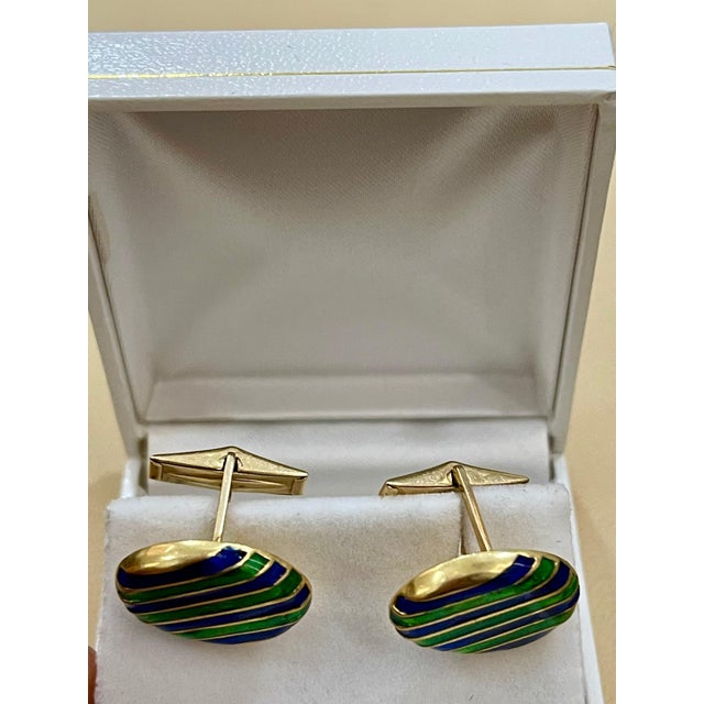 Blue Blue Green Enamel Oval Cufflinks in 14 Karat Yellow Gold 15.5 Gm, Men's For Sale - Image 8 of 8