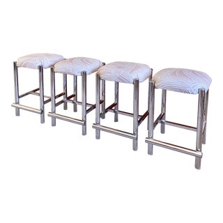 1970s Cal-Style Chrome Re-Upholstered Counter Stools, Set of 4 For Sale