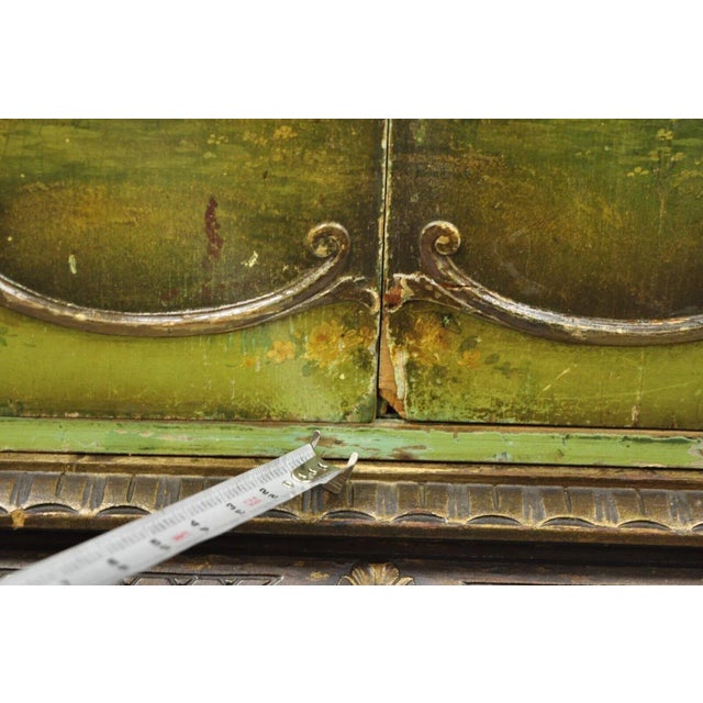 Wood Early 1900s Antique French Renaissance Green Distress Painted Radio Cabinet Bar Cupboard For Sale - Image 7 of 12