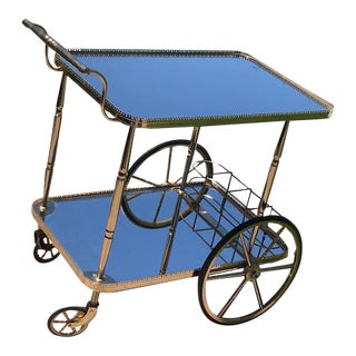 Mid Century French Hollywood Regency Brass Bar Cart W/ Mirrored Trays For Sale