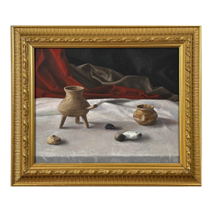Vintage Hyperrealist Still Life With Stones and Ceramic Vessels, Signed (Oil on Canvas)