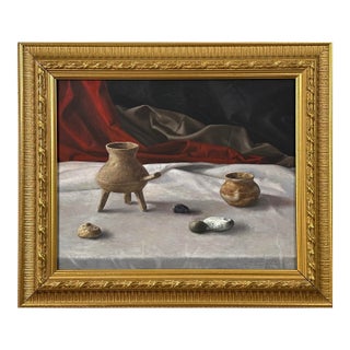 Vintage Realist Still Life With Stones and Ceramic Vessels, Signed (Oil on Canvas) For Sale