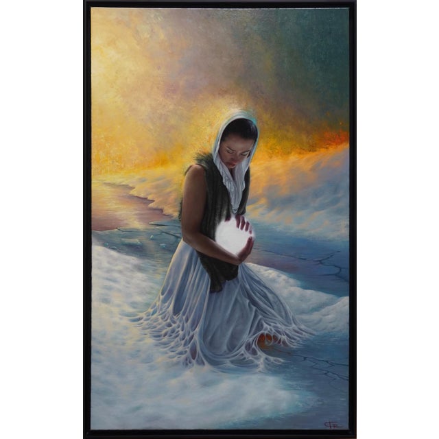 The artwork depicts a figure kneeling in a serene yet dynamic landscape, enveloped in flowing garments that blend...