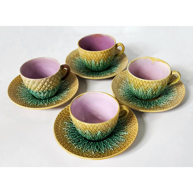 Victorian Set of 4 Antique 19th C Majolica Pineapple Pattern Tea Cups and Saucers C1880s. For Sale - Image 3 of 9